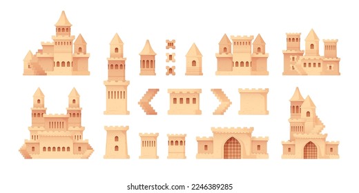 Sand castle parts. Cartoon kids fortress constructions on the beach, building house sandcastle constructor summer season. Vector isolated set of element sculpt architecture illustration