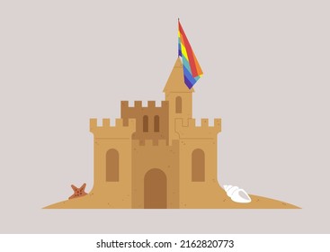 A sand castle with a rainbow flag, a sea shell and a star, LGBTQ+ people rights