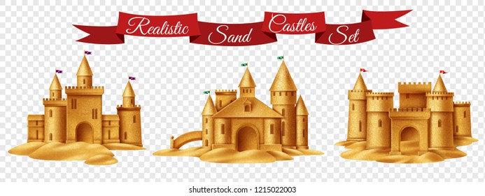 Sand castle retro set on transparent background with red header ribbon realistic vector illustration