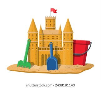 Sand castle. Sandcastle handmade sculpture. Plastic bucket with rake, shovel. Fortress with towers. Fort with gates and flag. Kids children leisure fun game playground. Vector illustration flat style