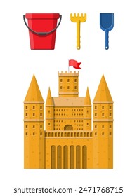 Sand castle. Sandcastle handmade sculpture. Plastic bucket with rake, shovel. Fortress with towers. Fort with gates and flag. Kids children leisure fun game playground. Vector illustration flat style