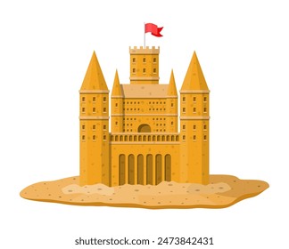 Sand castle. Sandcastle handmade sculpture. Fortress with towers. Fort with gates and flag. Kids children leisure fun game. Kids playground. Vector illustration in flat style