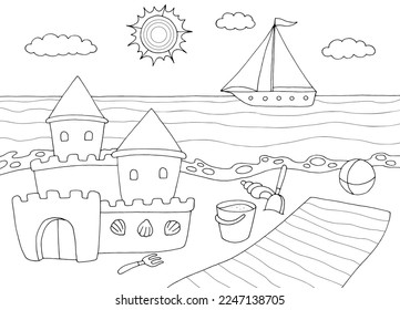 Sand castle sea coast graphic black white landscape sketch illustration vector 