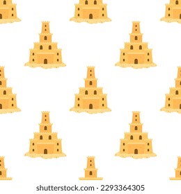 sand castle seamless pattern on white background, cartoon vector illustration of beach theme, flat design