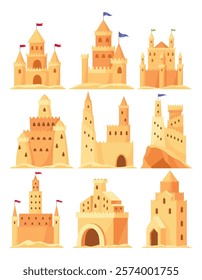 Sand castle set. Kids fortress constructions. Sandy stronghold with wall and tower. Summer beach games to build sandy palaces or citadel. Vector cartoon illustration of beach sculptures