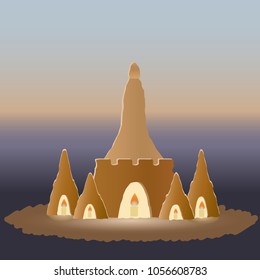  Sand castle in the shape of a pagoda