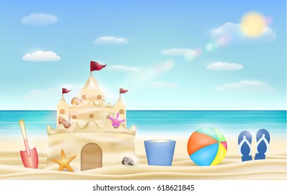 sand castle and shovel bucket and ball on a sea beach