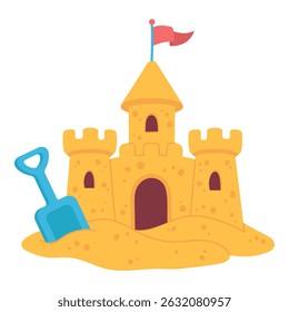 Castelo de areia com pá em fundo branco, ilustração de praia de verão brincalhão