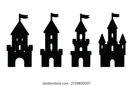 Siluetas de castillo de arena con banderas sobre fondo blanco
