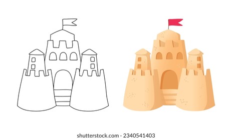 Sand castle simple outline and cartoon style illustration on white background. Sand fortress with towers on the beach, isolated objects
