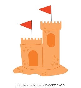 Sand castle with small red flags. Vector illustration in flat style, sand games.