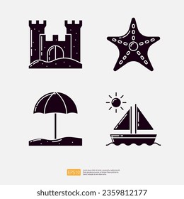 Sand Castle, Starfish Animal, Beach Umbrella, Sailboat Sailing Ship. Summer Vacation Solid Glyph Icon Vector Illustration set