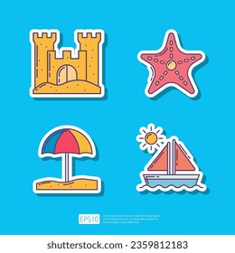 Sand Castle, Starfish Animal, Beach Umbrella, Sailboat Sailing Ship. Summer Vacation Sticker Icon Vector Illustration set