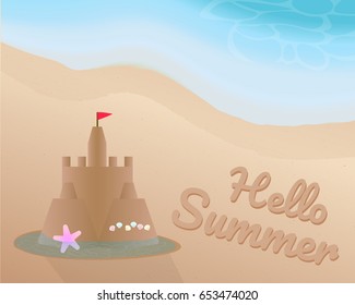 Sand castle with starfish, shell  and red flag on the beach and water surround and writing Hello Summer on the sand with the blue tone of wave. illustration. vector. graphic design. summer season.