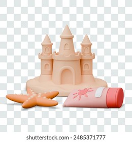 Sand castle, sun cream tube, starfish. Vector isolated composition in realistic cartoon style