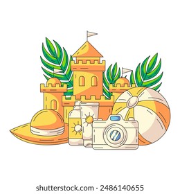 Sand castle, sunscreen, sun hat, camera, inflatable beach ball, tropical leaves. Composition with summer vacation elements and holiday accessories. Flat vector for sticker, scrapbook, social media