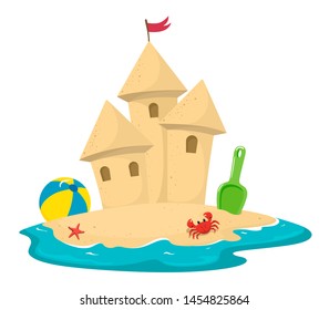 Sand castle surrounded by water with a  crab, spatula and ball. Vector illustration in cartoon style on a white background.