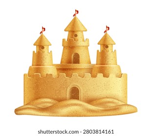 Sand castle with tower, flag and stone fence on sand surface. Vector isolated toy fortress with wall, bastion and watchtower. Realistic beach construction, childhood play scene, summer leisure