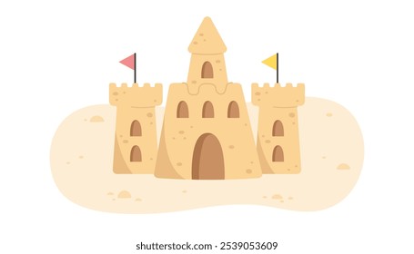Castelo de areia com torres e bandeiras na praia