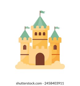 Sand castle with towers and fortress wall in flat style on a white background. Fairytale castle icon. Illustration of building construction on sand. Vector