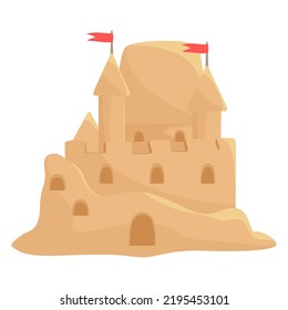 Sand castle with towers and red flags beach childish building vector illustration. Creative children game architecture nature sculpture summer travel vacation isolated. Tropical coast shore play toy