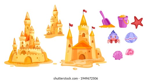 Sand castle vector beach isolated illustration collection, toy bucket, shovel, red star, cute crab, shells. Summer cartoon vacation seaside clipart set, yellow fortress tower. Sand castle game concept