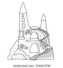Ilustración del vector del castillo de arena aislada sobre fondo blanco. Ilustración sencilla para el libro de coloreado