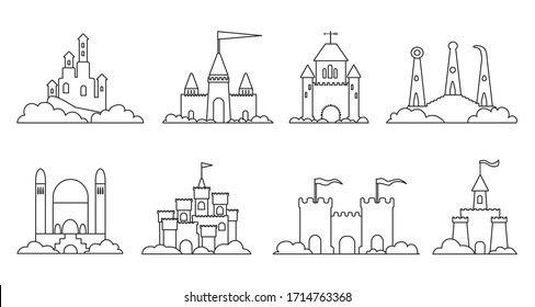 Sand castle vector illustration on white background . Sandcastle vector outline set icon. Isolated outline set icon sand castle.