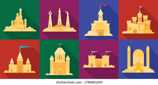 Sand castle vector illustration on white background . Sandcastle vector flat set icon. Isolated flat set icon sand castle.