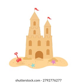 Sand castle. Vector illustration of a simple sand castle with red flags on top. It includes small details like starfish and a spade, sitting on a sand pile