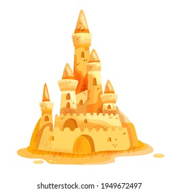 Sand castle vector summer beach cartoon illustration isolated on white, yellow big shore sculpture. Fantasy seaside sandpit palace, high towers, fortress walls, entrance. Sand castle kids game icon