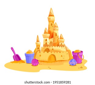 Sand castle vector summer beach illustration, cartoon vacation kids clipart, yellow towers, bucket, shovel. Childhood seashore game concept isolated on white. Sand castle, fairy fortress sculpture svg