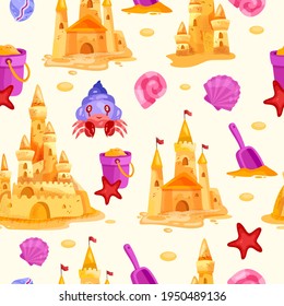 Sand castle vector summer vacation beach seamless pattern, shell, bucket, crab, shovel, towers, starfish. Kids cartoon seashore sculpture texture, apparel background. Sand castle wrapping paper design svg