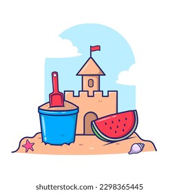Sand Castle and Watermelon For Summer Vector Flat Icon Illustration