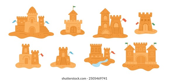 Sand castles. Kids beach palaces. Loose natural material building constructions. Summer vacation at sea coast. Sandy sculptures. Strongholds with walls and towers. Garish