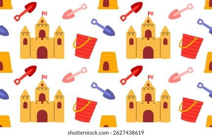 Sand castles seamless pattern. Summer holiday background. Beach activities of fun in the sand with shovel and bucket, building construction. Hand drawn vector illustration
