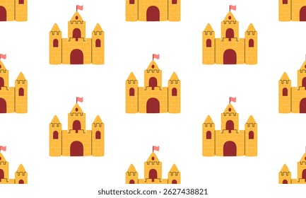 Sand castles seamless pattern. Summer holiday background. Beach activities. Hand drawn vector illustration
