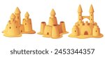 Sand castles set isolated on white background. Vector cartoon illustration of beach sculptures in shape of medieval fortress with towers, childhood fun, fairytale architecture, resort design elements