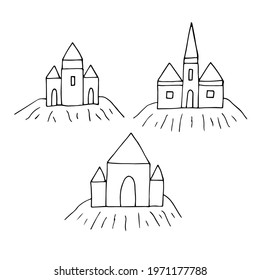 Sand castles set, vector illustration, doodle, hand drawn