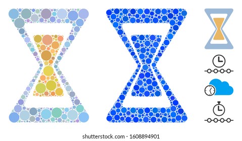 Sand clock composition of round dots in various sizes and color tones, based on sand clock icon. Vector dots are united into blue composition. Dotted sand clock icon in usual and blue versions.