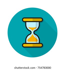 Sand clock flat modern vector icon on blue round background.