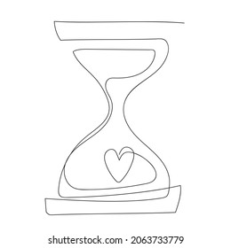 A sand clock with a heart inside. Vector black and white line drawing. Illustration