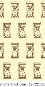 Sand clock with hearts inside in sketch style, vector seamless pattern