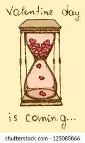 Sand clock with hearts inside in vintage style, vector illustration