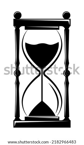 Sand clock, hourglass icon. Sand and hour glasses for time. Sandglass, watch, sand timer with countdown illustration in vintage old style. Vector. Symbol, graphic silhouette of black sandclock.