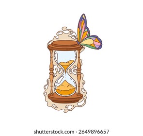 Sand clock, hourglass retro hippie groovy object. Time measuring and flow with ancient wooden sand clock and psychedelic butterfly funky vector concept or groovy retro icon. Magic fantasy hourglass