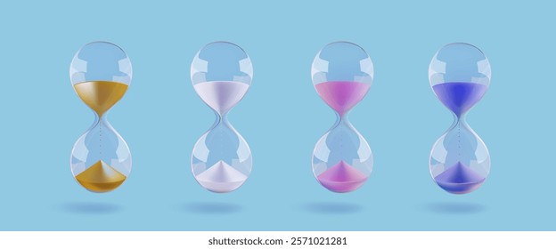Sand clock hourglass. Time flow watch in glass bulb. Vector transparent sandglass countdown. Budget timer 3d icon. Abstract realistic gold game deadline. Geometric flowing modern half passed period