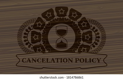 icono del reloj de arena y política de cancelación texto emblema realista de madera oscura. Fondo elegante marrón. Ilustración vectorial. 
