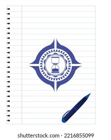 sand clock icon draw with pen effect. Blue ink. Vector Illustration. Detailed. 