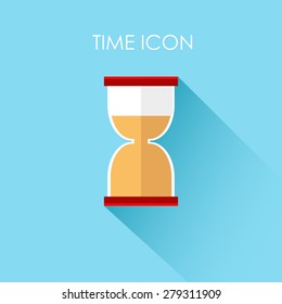 Sand clock icon. Glass timer symbol with long shadow, flat vector